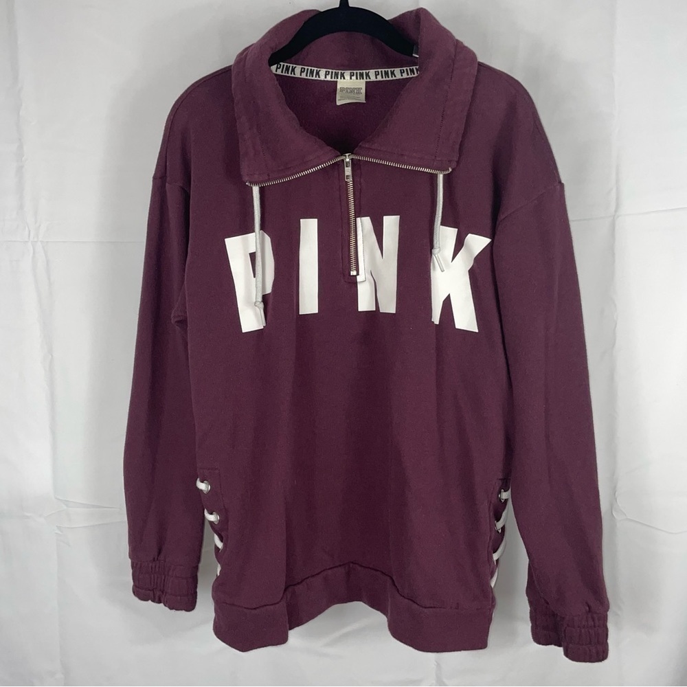 Victoria’s Secret Pink Sweatshirt 1/2 Zip Pullover Lace up Side Details Big Logo